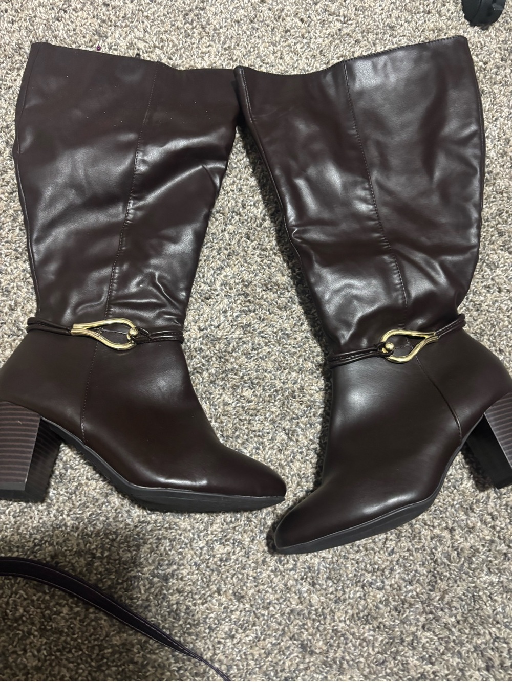 Source Unknown Dark Brown Mid-Calf Heeled Boots with Gold Accent